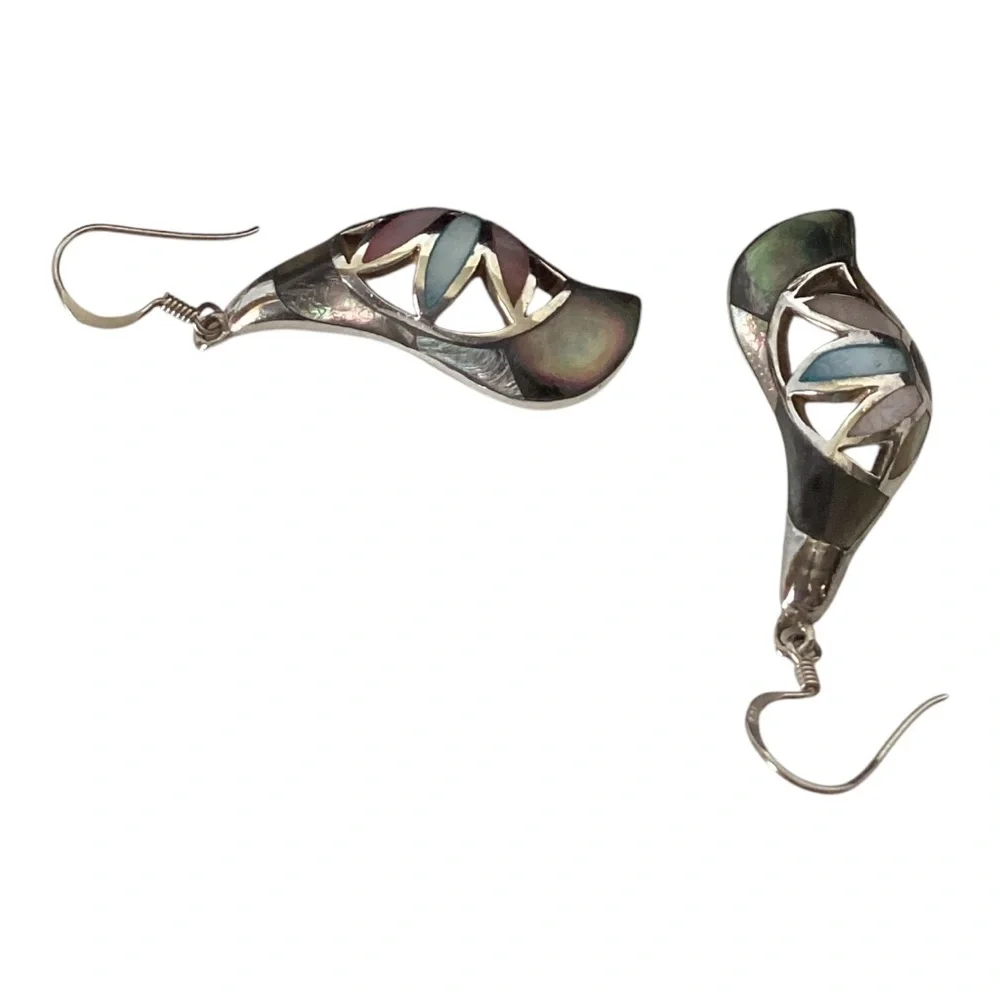 925 Sterling Silver Iridescent MOP Drop Hook Earrings Pink Blue Purple Green EUC - Picture 8 of 14